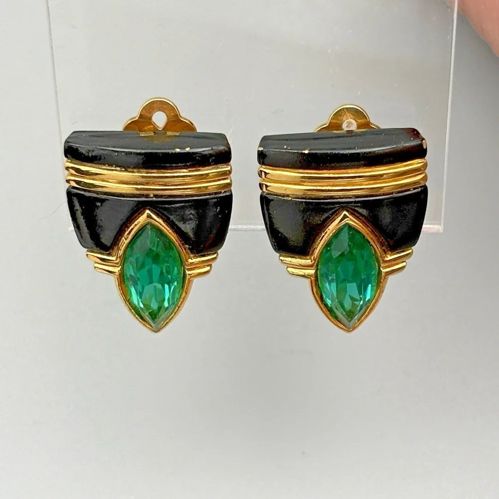 Vintage Rush Kramer Clip On Earrings Green Rhinestone Black Gold Tone Modernist